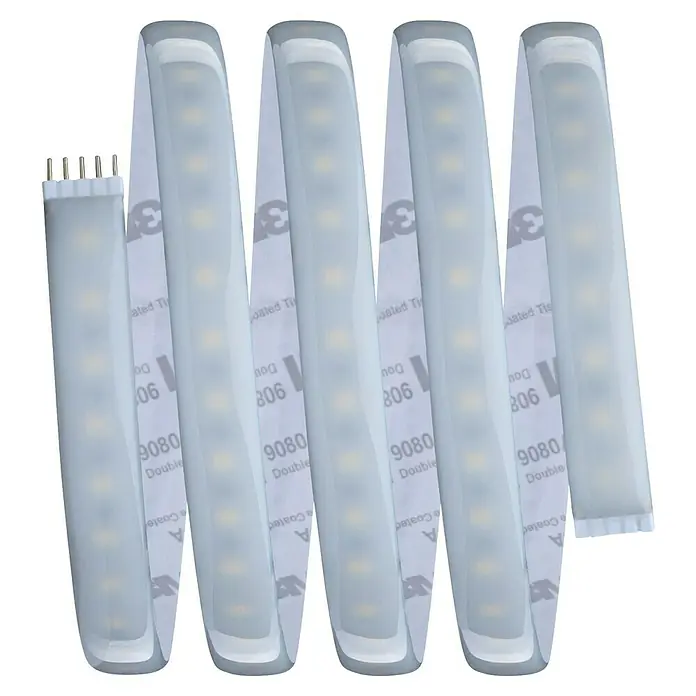 Paulmann MaxLED 1.000 LED-Band Basisset beschichtet - 150 cm, Mehrfarbig, 21 W, 1.530 lm - Eine Nahaufnahme von LED-Leuchtstoffröhren mit Klebestreifen auf einem schwarzen Hintergrund.