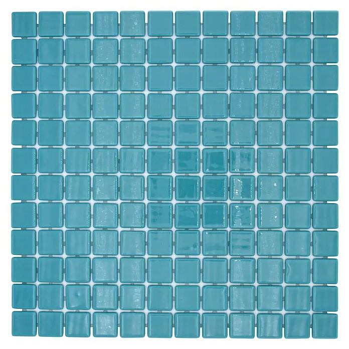 Mosaikfliese Quadrat Eco VP25832PUR - 31,6 x 31,6 cm, Glas, Grünblau, Glänzend - Türkisfarbene Mosaikfliese mit quadratischen Glasfliesen für Badezimmer oder Küchen, die ein erfrischendes und modernes Ambiente verleihen.