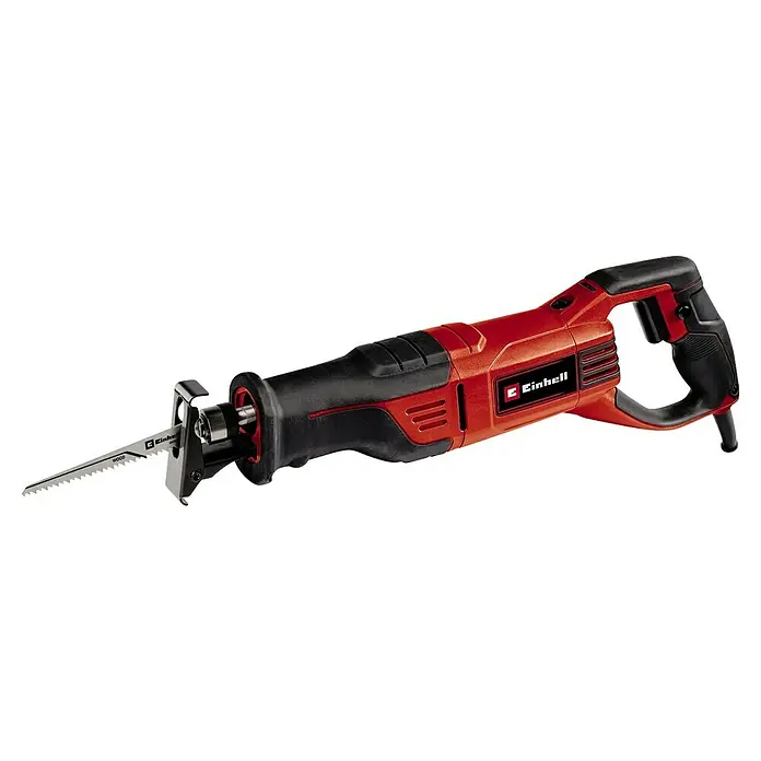 Einhell Expert Säbelsäge TE-AP 950 E - 950 W - Abgebildete rote und schwarze Einhell Akku-Säbelsäge mit Metallsägeblatt für Holz, ideal für verschiedene Sägearbeiten in Werkstatt und Garten.