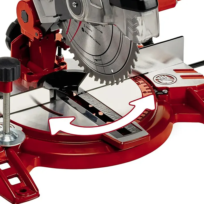 Einhell Kapp- & Gehrungssäge TC-MS 2112 - 1.600 W, Durchmesser Sägeblatt: 210 mm, Leerlaufdrehzahl: 5.000 U/min - Nahaufnahme einer roten Kappsäge mit gut sichtbarer Klinge und Winkeleinstellung, die Präzision beim Schneiden verspricht.