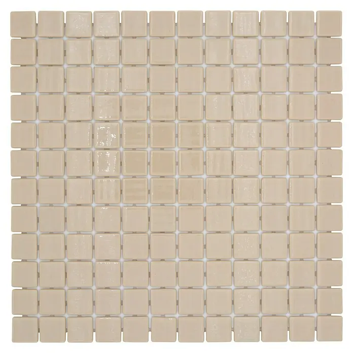 Mosaikfliese Quadrat Eco VP25831PUR - 31,6 x 31,6 cm, Glas, Beige, Glänzend - Nahaufnahme einer quadratischen Fliese mit kleinen, quadratischen Mosaikfliesen in einem hellen Cremeton, ideal für Küchenrückwände.
