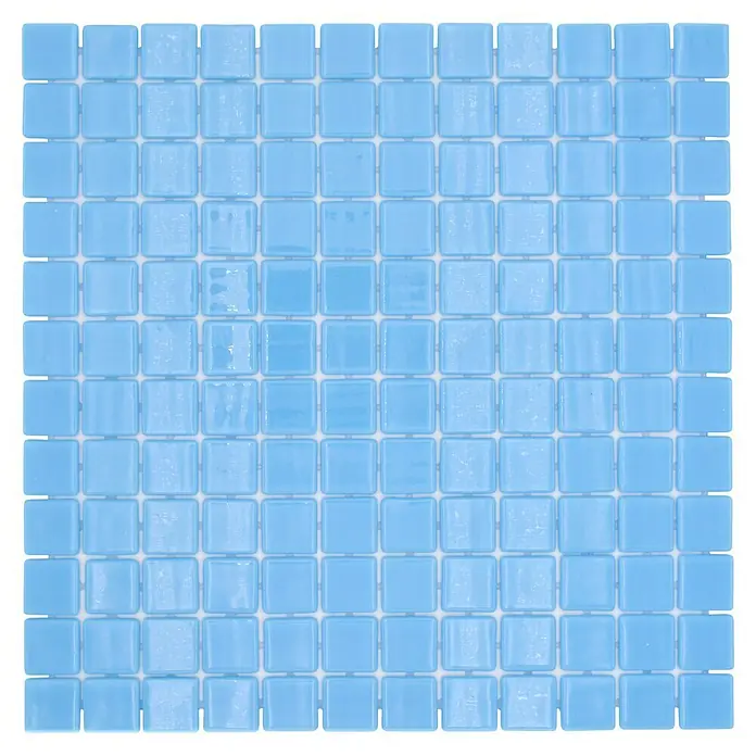 Mosaikfliese Quadrat Eco VP25102PUR - 31,6 x 31,6 cm, Glas, Hellblau, Glänzend - Ein quadratisches Blatt mit hellblauen Mosaikfliesen, ideal für Badezimmer und Küchen. Schafft ein erfrischendes und modernes Ambiente.