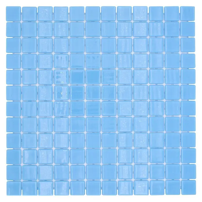 Mosaikfliese Quadrat Eco VP25102PUR - 31,6 x 31,6 cm, Glas, Hellblau, Glänzend - Ein quadratisches Blatt mit hellblauen Mosaikfliesen, ideal für Badezimmer und Küchen. Schafft ein erfrischendes und modernes Ambiente.
