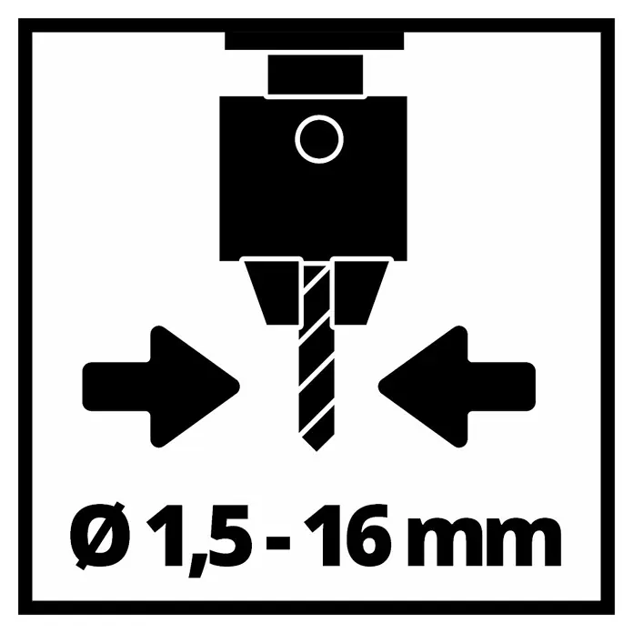 Einhell Tischbohrmaschine TC-BD 630/1 - 630 W, Leerlaufdrehzahl: 250 U/min - 2.400 U/min, Spannweite Bohrfutter: 1,5 mm - 16 mm - Symbol mit Bohrmaschine und Angabe des Bohrdurchmessers von 1,5-16 mm, geeignet für verschiedene Bohrarbeiten.
