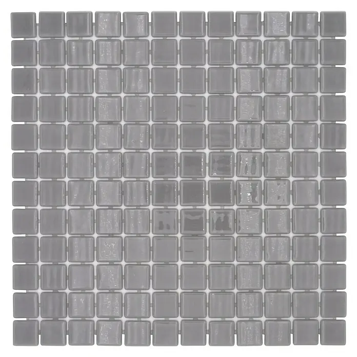 Mosaikfliese Quadrat Eco VP25108PUR - 31,6 x 31,6 cm, Glas, Grau, Glänzend - Nahaufnahme eines Mosaikfliesenmusters in Grautönen, ideal für moderne Badezimmer- oder Küchengestaltungen mit subtilem Glanz.