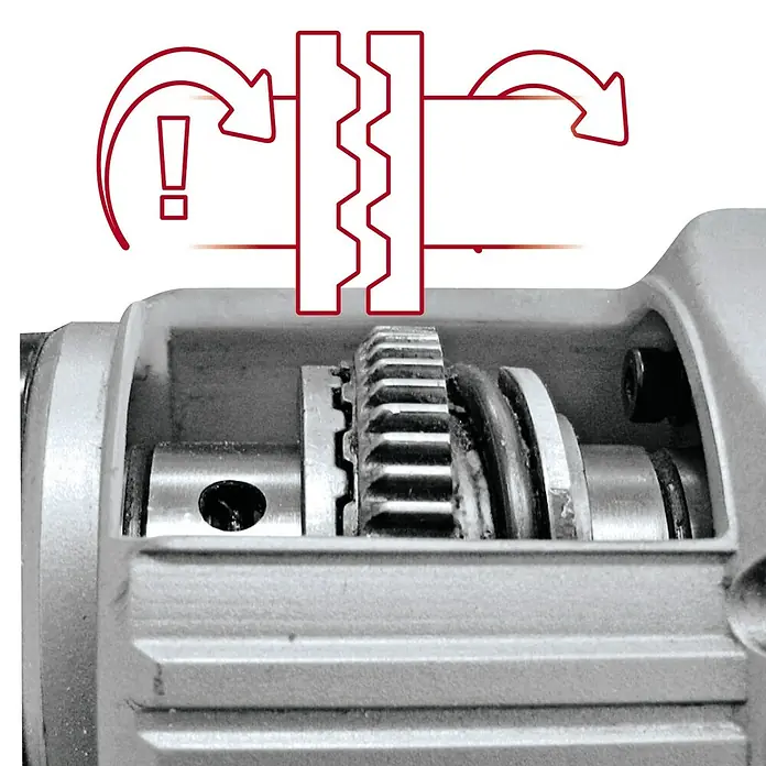 Einhell Classic Kombihammer TC-RH 800 4F - 800 W, 2,6 J, SDS-Plus-Aufnahme - Innenansicht eines Getriebes mit Zahnrädern. Darstellung der Drehbewegung und Warnhinweis.