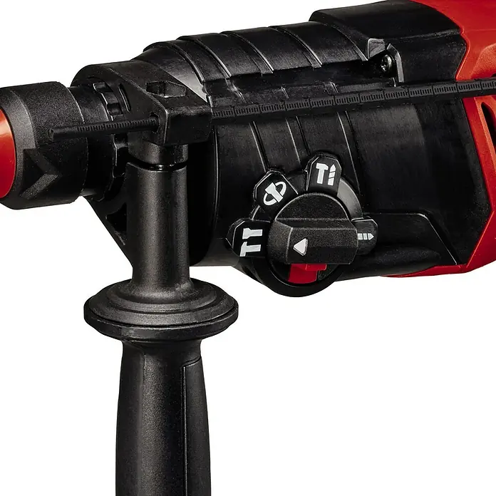 Einhell Classic Kombihammer TC-RH 800 4F - 800 W, 2,6 J, SDS-Plus-Aufnahme - Nahaufnahme einer roten und schwarzen Einhell-Bohrmaschine, die die Bedienelemente und den Griff der Maschine hervorhebt.
