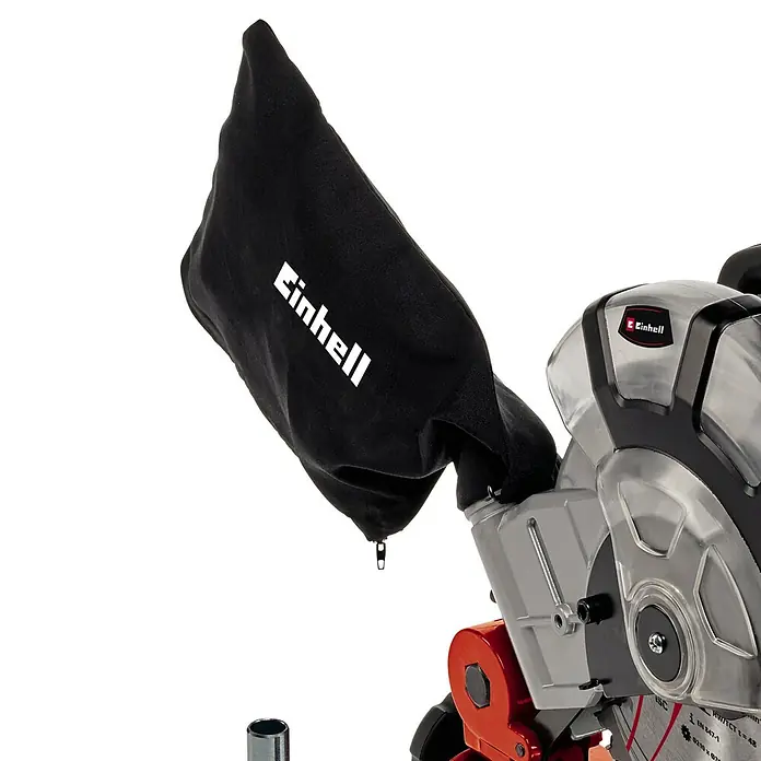 Einhell Kapp- & Gehrungssäge TC-MS 2112 - 1.600 W, Durchmesser Sägeblatt: 210 mm, Leerlaufdrehzahl: 5.000 U/min - Nahaufnahme einer Einhell Kapp- und Gehrungssäge mit Staubfangsack, ideal für präzise Holzarbeiten in Werkstatt und Hobby.