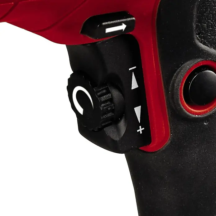 Einhell Classic Kombihammer TC-RH 800 4F - 800 W, 2,6 J, SDS-Plus-Aufnahme - Nahaufnahme einer roten Bohrmaschine mit Drehknopf und Schalter zur Einstellung von Drehmoment und Drehrichtung.