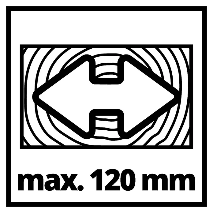 Einhell Sierra ingletadora TC-MS 2112 - 1.600 W, Diámetro hoja de sierra: 210 mm, Número de revoluciones de marcha en vacío: 5.000 r.p.m. - Ilustración de una guía de carpintería, con un valor máximo de 120 mm, destacada con un diseño gráfico llamativo.