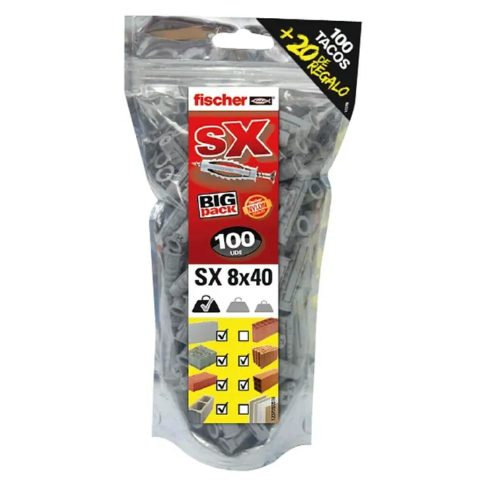 Fischer Set de tacos SX Big Pack - Ø x L: 8 x 40 mm, Nylon, 120 ud. - Tacos Fischer SX 8x40 en paquete grande de 100 unidades con calidad de nailon y 20 tacos extra. Ideal para fijaciones en diversos materiales.