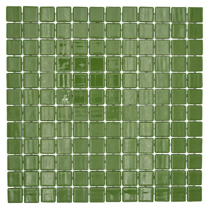 Mosaikfliese Quadrat Eco VP25602PUR - 31,6 x 31,6 cm, Glas, Dunkelgrün, Glänzend - Grün glasierte Mosaikfliesen mit quadratischer Form. Die Fliesen sind auf einem Netz montiert für einfache Installation.