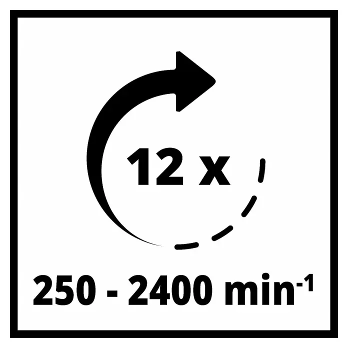 Einhell Tischbohrmaschine TC-BD 630/1 - 630 W, Leerlaufdrehzahl: 250 U/min - 2.400 U/min, Spannweite Bohrfutter: 1,5 mm - 16 mm - Symbol für Werkzeugdrehzahl: 250–2400 min-1, mit Pfeil und '12x'-Angabe für Drehzahlstufen.
