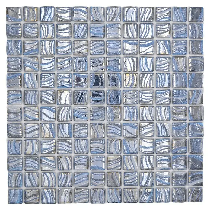 Mosaikfliese Quadrat Eco VP78250PUR - 31,6 x 31,6 cm, Glas, Blau, Glänzend - Quadratische Fliesenmatte mit wellenförmigem Dekor in Silber und Blautönen. Perfekt für stilvolle Wandgestaltungen in Bad oder Küche.