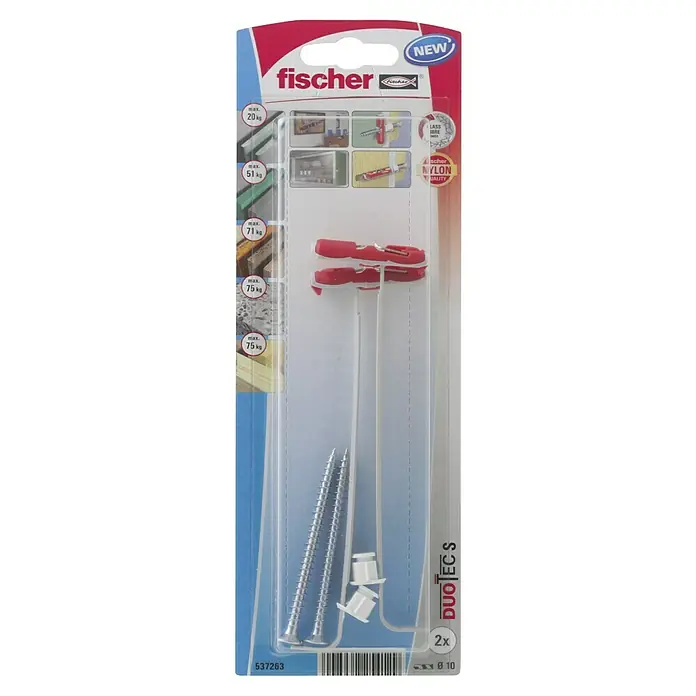Fischer Duotec Taco basculante 10 S - Diámetro taco: 10 mm, Longitud taco: 40 mm, Apto para: Placas de yeso laminado, 2 ud., Con tornillos/ganchos - Paquete de anclajes Fischer Duotecs, con tornillos y arandelas de nylon, sobre un fondo azul.