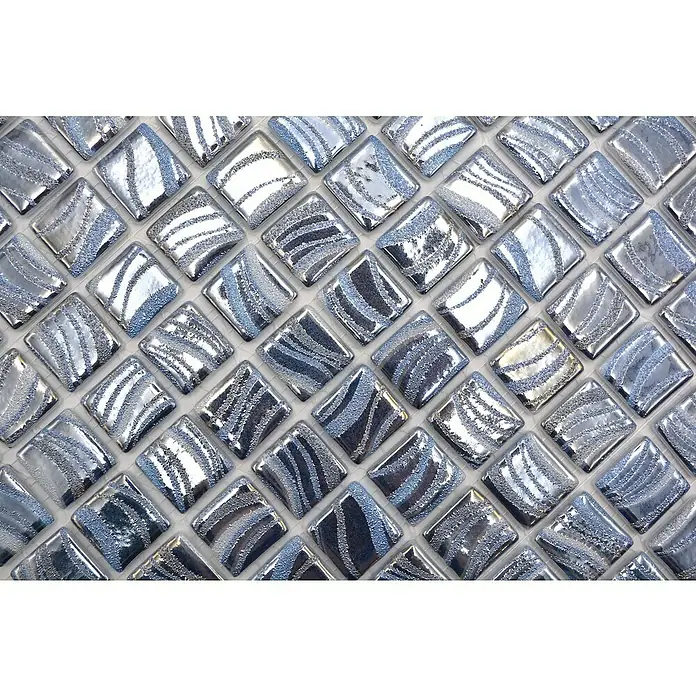 Mosaikfliese Quadrat Eco VP78250PUR - 31,6 x 31,6 cm, Glas, Blau, Glänzend - Glänzende, silberfarbene Mosaikfliesen mit faszinierenden Wirbelmustern, die eine elegante und moderne Wandgestaltung ermöglichen.