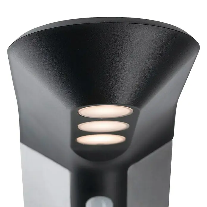 Paulmann Soley LED-Außenwegleuchte - Warmweiß, IP44, Anthrazit - Nahaufnahme einer schwarzen Außenleuchte mit drei horizontalen Lichtstreifen, die ein warmes, einladendes Licht ausstrahlen.