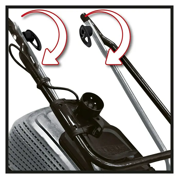 Einhell Elektro-Rasenmäher GC-EM 1030/1 - 1.000 W, Schnittbreite: 30 cm - Detailansicht eines Gartengeräts mit Pfeilen, die die Drehbewegung der Griffe hervorheben, ideal für Bedienungsanleitungen.