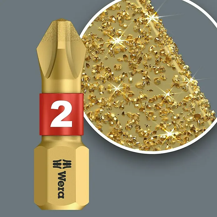 Wera Premium Plus Diamant-Bit 851/1 BDC - PH 2, 25 mm - Nahaufnahme eines Wera Diamant-beschichteten Schraubendreherbits Größe 2 mit rotem Ring.