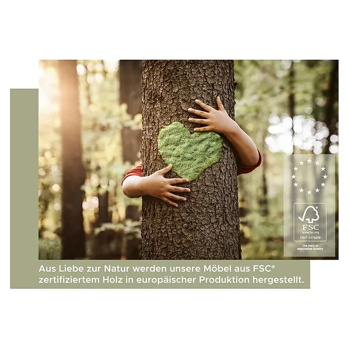 xonox.home Singleküche Design Eiche Grau - Breite: 114 cm, Authentic Oak, Ohne Elektrogeräte - Ein Baum wird von Kinderhänden umarmt, die ein grünes Moosherz bilden. FSC-Siegel für nachhaltige Möbelproduktion in Europa.