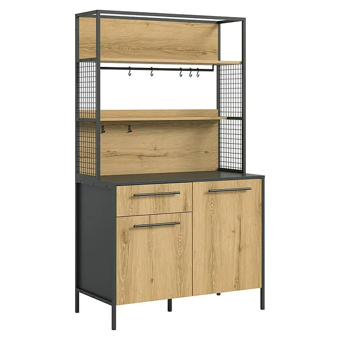 xonox.home Singleküche Design Eiche Grau - Breite: 114 cm, Authentic Oak, Ohne Elektrogeräte - Elegantes Sideboard mit Regaleinsatz im Industrie-Design. Der Korpus ist in Holztönen gehalten, die Metallstruktur ist anthrazitfarben.