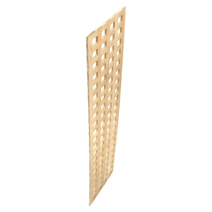 Celosía para exterior E12 Recto - 16 x 85 cm - Pared de celosía de madera: Estructura rectangular de madera clara con un patrón de celosía cuadrada, ideal para usos decorativos y funcionales.