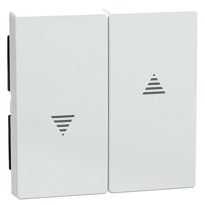 Merten System M Jalousiewippe 432425 - Aktivweiß, Kunststoff - Ein Paar weißer elektrischer Schalter mit einem nach unten zeigenden Dreieck. Diese Schalter sind für den Innenbereich geeignet.