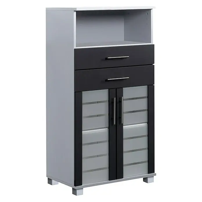 Schildmeyer Niko Highboard - B x T x H: 60 x 32,6 x 110,5 cm, Silber/Anthrazit - Grauer Hochschrank mit zwei Schubladen, offenem Fach und zwei Türen mit Glaseinsatz, ideal für zusätzlichen Stauraum.