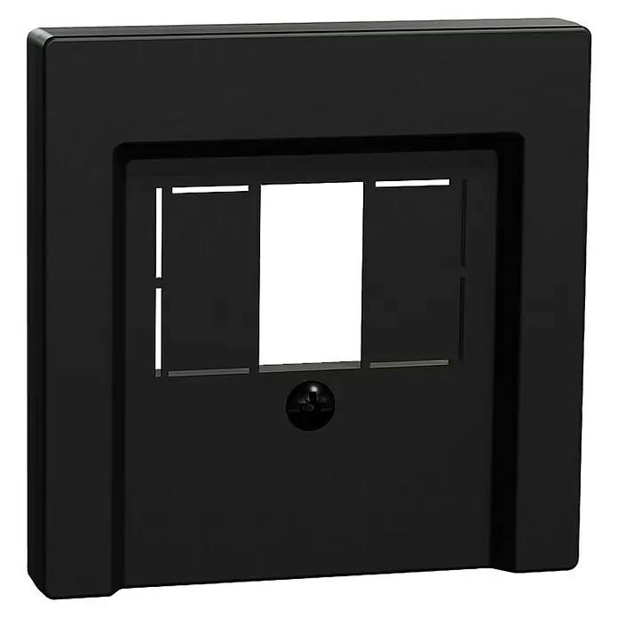 Merten System M TAE-Abdeckung MEG4250-0403 - Schwarz matt, Kunststoff - Nahaufnahme einer schwarzen RJ45-Wandplatte mit drei Öffnungen für Netzwerkanschlüsse und einer Schraube zur Befestigung.