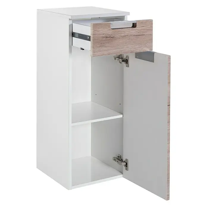 Schildmeyer Sunny Unterschrank - B x T x H: 33 x 35 x 88,5 cm, Eiche Natur - Ein weißer Badezimmerschrank mit einer Schublade aus hellem Holz und einer offenen Tür, die Einblick auf die Innenfächer gewährt.