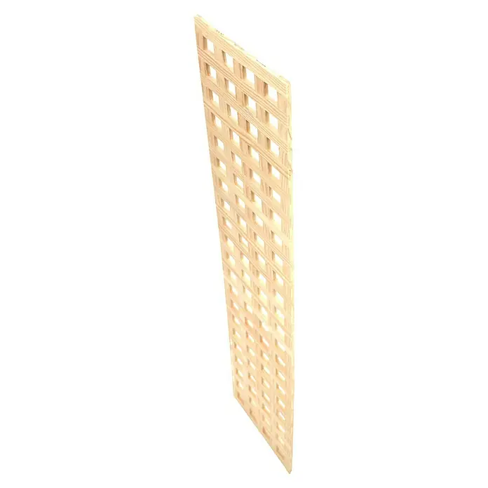 Celosía para exterior E12 Recto - 16 x 85 cm - La imagen muestra un panel de celosía de madera con aberturas cuadradas, ideal para proyectos de jardinería y usos decorativos. Su tono de madera clara ofrece un aspecto natural.