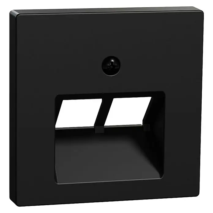Merten System M UAE-Dose MEG4522-0403 - Schwarz matt, 1-fach, Kunststoff - Nahaufnahme einer schwarzen Wanddose mit einem rechteckigen Ausschnitt und einer Schraube darüber. Ideal für Netzwerkanwendungen.