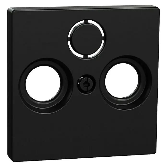 Merten System M Antennenabdeckung MEG4123-0403 - Schwarz matt, Kunststoff - Schwarze Anschlussdose mit drei Öffnungen und einer Schraube in der Mitte für Elektroinstallationen.