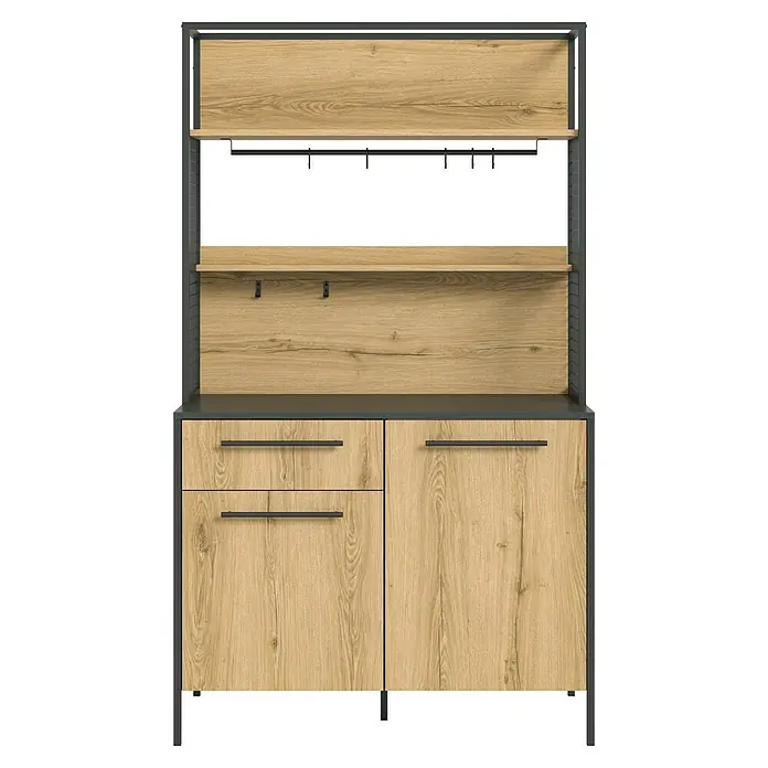 xonox.home Singleküche Design Eiche Grau - Breite: 114 cm, Authentic Oak, Ohne Elektrogeräte - Das Bild zeigt einen modernen Küchenschrank mit Holzfronten, Schubladen und Regalen, umgeben von einem grauen Rahmen.