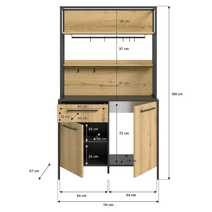 xonox.home Singleküche Design Eiche Grau - Breite: 114 cm, Authentic Oak, Ohne Elektrogeräte - Ansicht eines Regalschranks mit Fächern, Schubladen und Schranktüren mit Maßangaben, um die Abmessungen hervorzuheben.