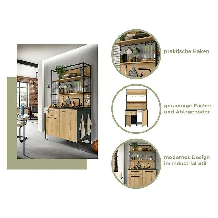 xonox.home Singleküche Design Eiche Grau - Breite: 114 cm, Authentic Oak, Ohne Elektrogeräte - Moderner Küchenschrank im Industrie-Stil mit praktischen Haken und geräumigen Fächern.
