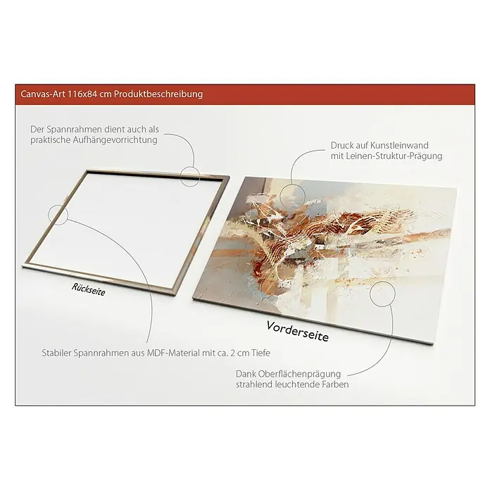 ProArt Leinwandbild - Grey & Brown, B x H: 120 x 90 cm - Produktbeschreibung eines 116x84 cm Leinwandbildes, das die Vorder- und Rückseite des stabilen Spannrahmens aus MDF-Material zeigt.