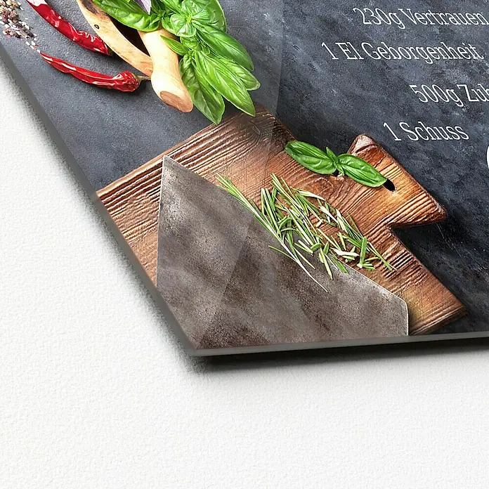 ProArt Glasbild - Kochkreation III, B x H: 30 x 30 cm - Nahaufnahme eines Acrylglasbildes mit Kräutern, Gewürzen und einem Rezept, das eine kulinarische und dekorative Note bietet.