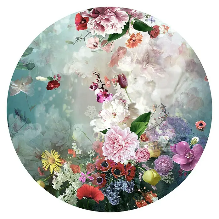 ProArt Glasbild - Flowermix I, Durchmesser: 20 cm - Rundes Blumenmuster-Wandbild mit bunten Blumen in verschiedenen Größen. Ideal für Wohnzimmer und Schlafzimmer.