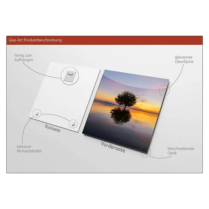 ProArt Glasbild - Lonely Tree, B x H: 30 x 30 cm - Produktbeschreibung einer Glas-Art-Wanddekoration mit glänzender Oberfläche und schwebender Optik, inklusive Aufhänger und Abstandshalter.