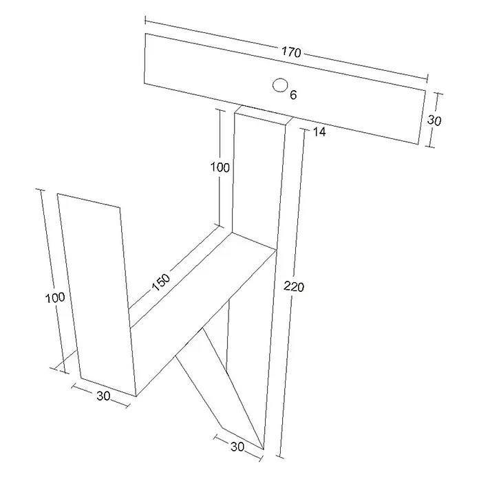 WMT Eindrehhalterung als Schlauchhalter - Dunkelgrün, 2 -tlg. - Schematische Darstellung einer Holzhalterung mit Maßangaben für Bauanleitungen oder ähnliche Zwecke.