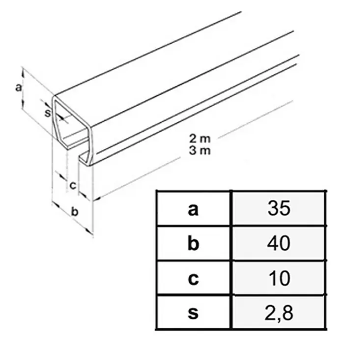 HBS Betz Laufschiene Typ 30 - 200 cm, Traglast: 180 kg, Einsatzbereich: Stallungen - Eine Abbildung eines U-Profils mit den Maßen 35 mm Höhe, 40 mm Breite, 10 mm Tiefe des Schlitzes und einer Wandstärke von 2,8 mm.