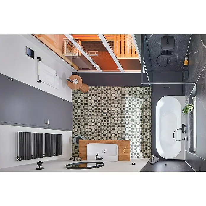 Mosaikfliese Quadrat Mix CD 210 - 30,6 x 30,6 cm, Hellbeige/ Grau, Unglasiert, Matt - Modernes Badezimmer mit Badewanne, Waschbecken und dunklen Heizkörpern. Elegantes Design mit grauen und weißen Farbtönen für einen stilvollen Look.