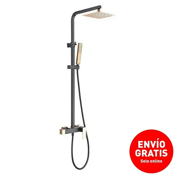 Imex Suecia Sistema de ducha - Con grifo monomando, Negro/Oro rosa - Columna de ducha negra y dorada con cabezal cuadrado y ducha de mano. Diseño moderno para una experiencia de ducha lujosa.
