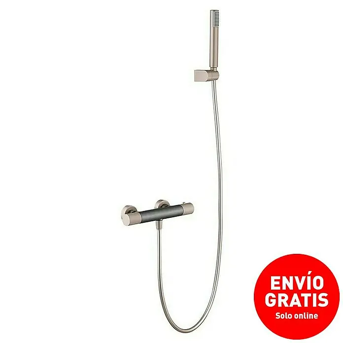 Imex Line Grifo con termostato - Ancho: 29,5 cm, Gris/champán - Conjunto de ducha plateado con mezclador termostático y teleducha, ideal para baños modernos.