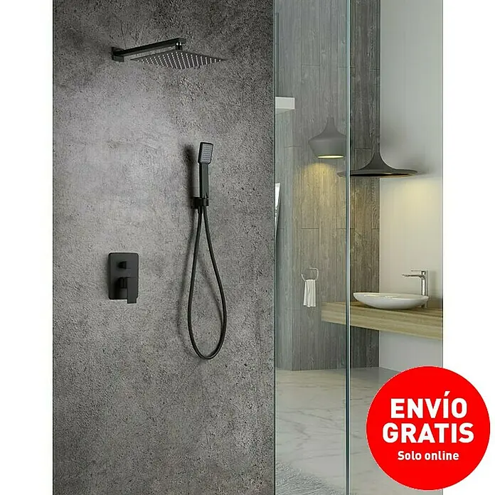 Imex Sistema de ducha empotrado Dublín - Con grifo monomando, Negro - El conjunto de ducha negro mate incluye rociador, ducha de mano y mezclador termostático, ofreciendo un diseño de baño moderno.