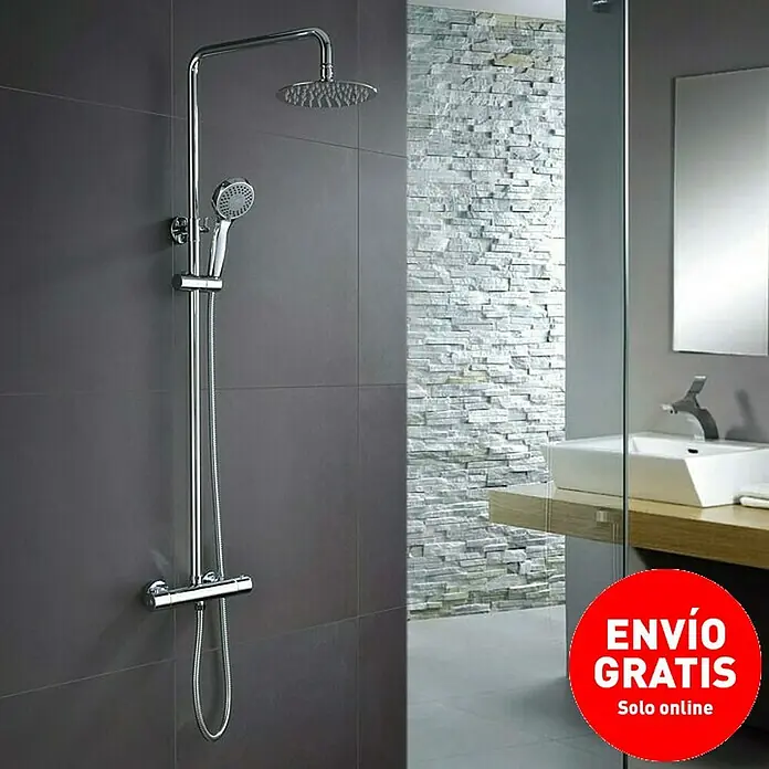 Imex Sistema de ducha Londres - Con grifo termostático, Distancia entre orificios: 15 cm, Número de tipos de chorro: 3 ud., Cromo - Columna de ducha cromada con rociador superior y ducha de mano, ideal para baños modernos que combinan funcionalidad y estilo.