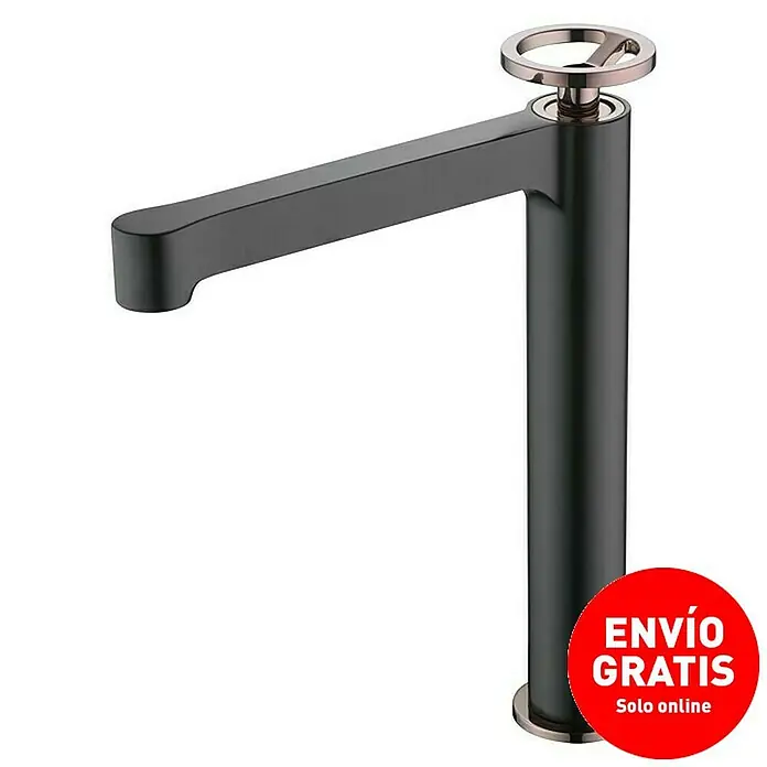 Imex Olimpo Grifo de lavabo alto - Negro/Oro rosa - Elegante grifo de lavabo negro con maneta redonda. Diseño elegante para cualquier baño moderno.