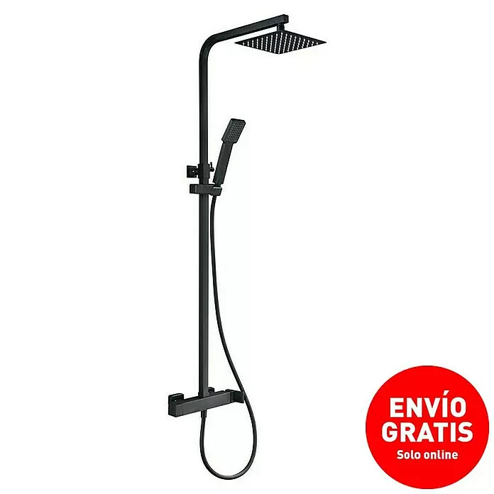 Imex Fiyi Sistema de ducha - Con grifo monomando, Negro - Columna de ducha negra mate con rociador cuadrado de lluvia y ducha de mano.