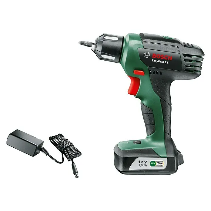 Bosch Power for All 12V Akku-Bohrschrauber EasyDrill 12 - 12 V, 1 Akku, 1,5 Ah, 15 Nm - Abbildung eines Bosch EasyDrill 12 Akku-Bohrschraubers mit Ladegerät auf schwarzem Hintergrund.